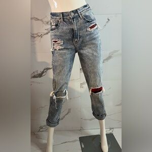 American Eagle Outfitters Light Wash Ripped Relaxed Jeans with Red Plaid Patch